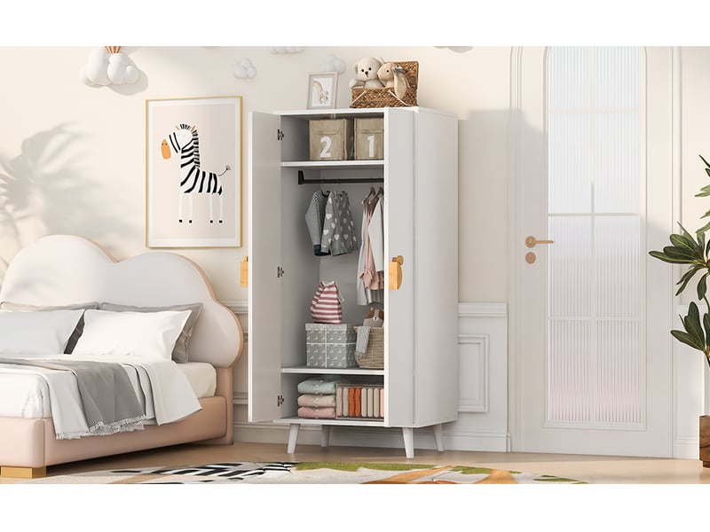  Armoire de chambre enfant 2 portes, penderie et compartiments, 70 × 55 × 170 cm, blanche, poignées ludiques sur pieds  - Conforama D