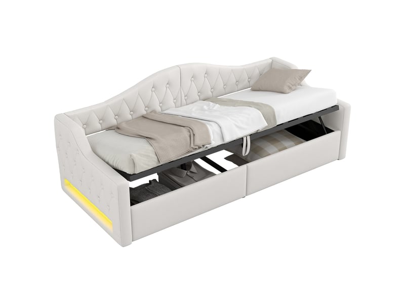  Lit gigogne 90x200 cm - lit déco avec led 7 couleurs réglables - mdf et lin - sans matelas - beige  - Conforama A