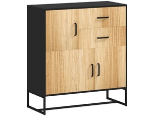 Buffet moderne, 3 armoires, 2 tiroirs, aggloméré et acier, 80x35x85 cm, noir et bois