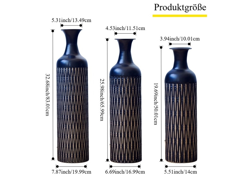 Lot de 3 vases de sol en métal noir, h 50,01, 65,99 et 83,01 cm, décor pour fleurs séchées et cache-pots - Conforama C