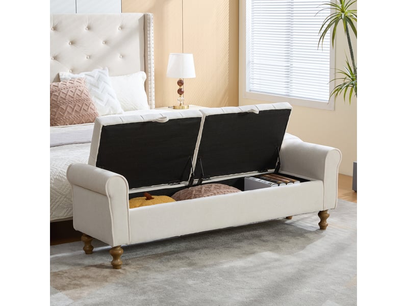  Banc coffre 2 couvercles, rangement intégré, design moderne, structure robuste, salon et chambre, tissu bouclé, beige  - Conforama D