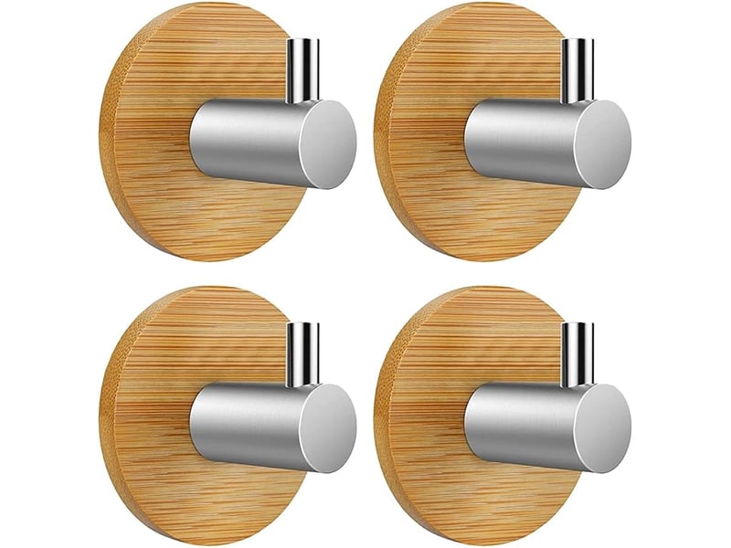  Lot de 4 crochets muraux en bambou, autocollants en acier inoxydable, sans perçage, antirouille, résistants à l'eau, pour salle de bain, cuisine, gris  - Conforama A
