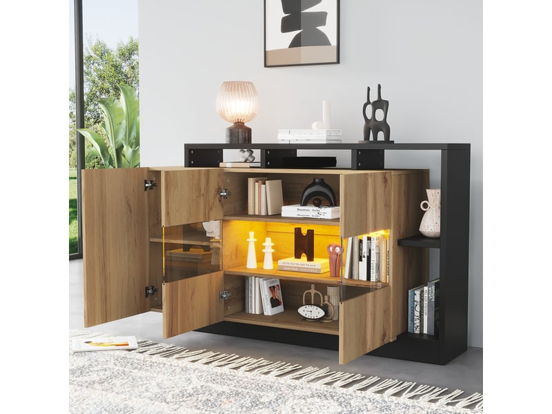  Buffet 140 x 44 x 94 cm, pour salle à manger ou salon, éclairage led avec commande bluetooth  - Conforama E