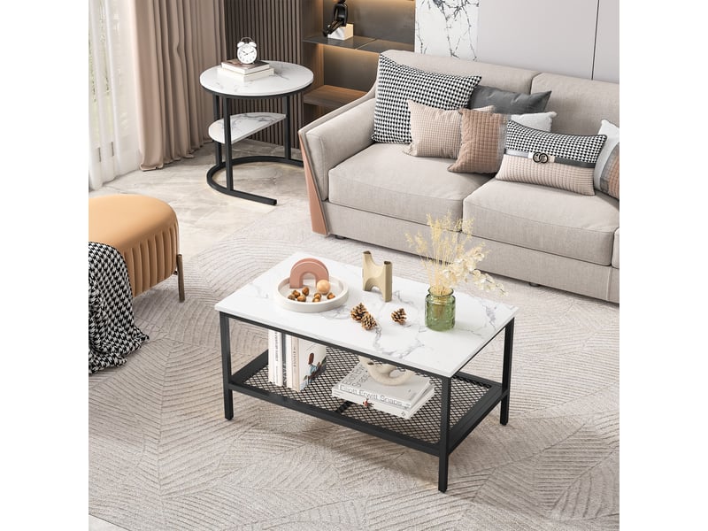  Lot de 2 tables basses gigognes – 80 x 46 x 41 cm – double rangement &amp; pieds métal –  effet marbre - blanc et noir  - Conforama E