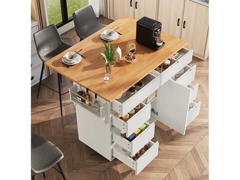  Îlot de cuisine 122x46(74,5)x91,5 cm, 8 tiroirs, 1 porte, plateau pliable, pour cuisine, en mdf et métal, bois et blanc  - Conforama B
