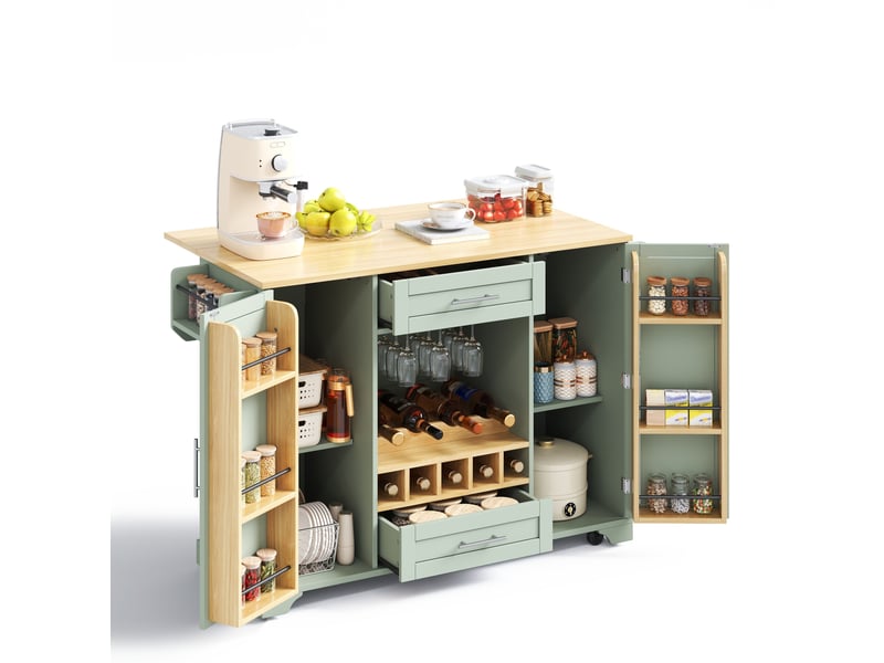 Îlot de cuisine sur roulettes avec plan de travail rabattable, rangement pour vin, porte-verres, porte-épices et porte-serviettes, vert antique - Conforama A