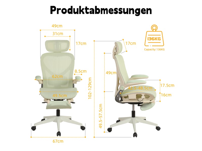  Chaise de bureau ergonomique pliable avec appui-tête 3d et soutien lombaire - lpospi - inclinable, maille - vert  - Conforama D
