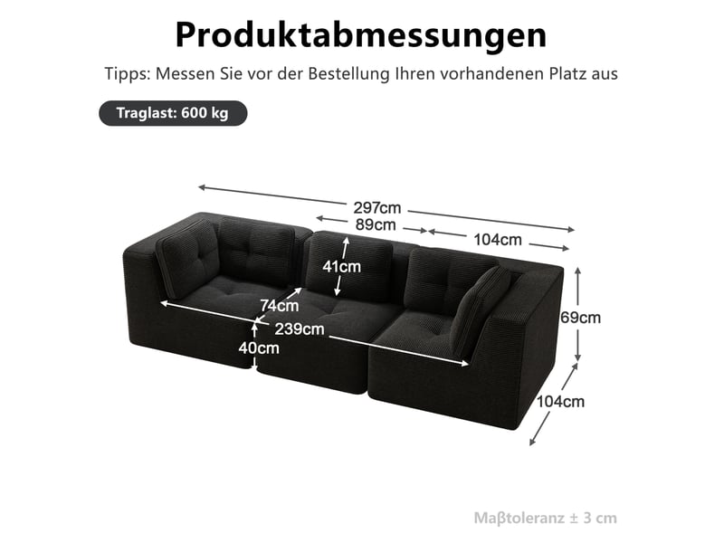  Canapé 3 places modulaire sans cadre en velours côtelé noir, assise profonde  - Conforama C