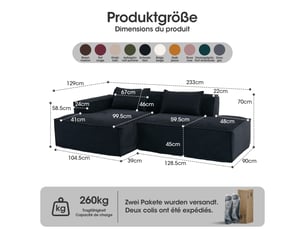 Canapé textile noir 235 × 129 × 70 cm en polyester, 2 coussins, assise mousse et ressorts ensachés, format compact