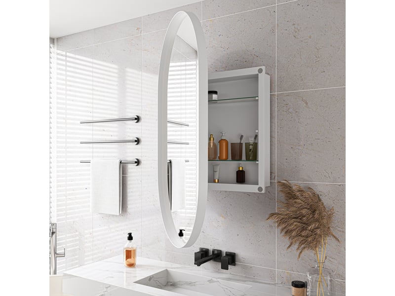  Armoire miroir murale ovale blanche, cadre métal, étagères réglables, encastrable  - Conforama B