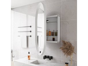 Armoire miroir murale ovale blanche, cadre métal, étagères réglables, encastrable