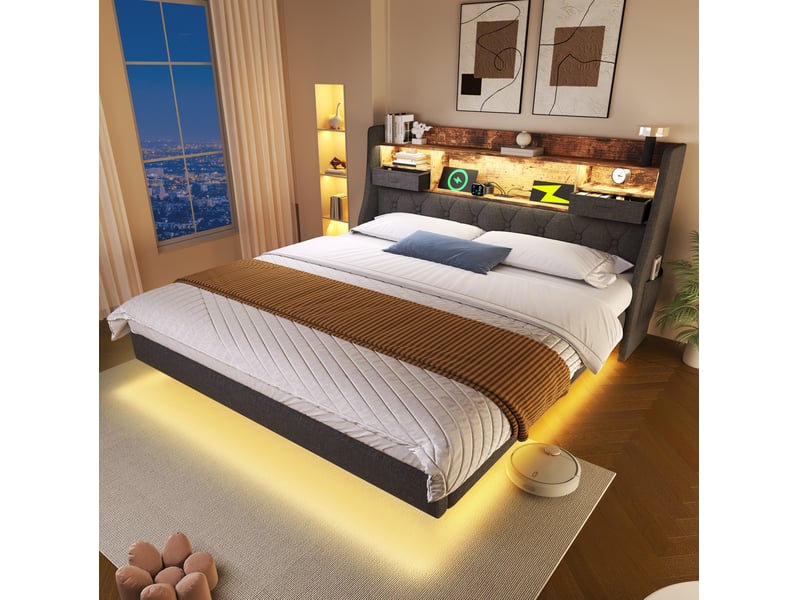  Lit double 160 x 200 cm gris en lin avec led, rangement tête de lit, ports usb et type-c  - Conforama D
