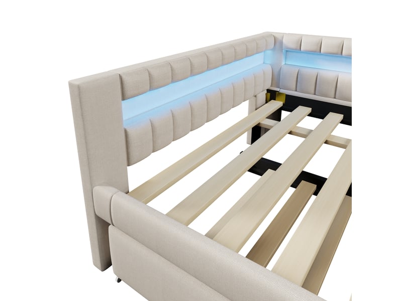  Lit banquette 140x200 canapé lit beige avec lit gigogne 90x190 led et ports usb type-c  - Conforama R