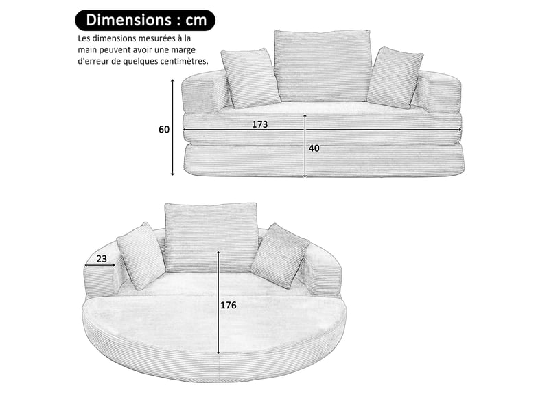  Canapé-lit convertible 2 en 1 en velours côtelé, modèle ovale 173 x 176 cm, canapé pliable avec coussins pour salon ou chambre  - Conforama W