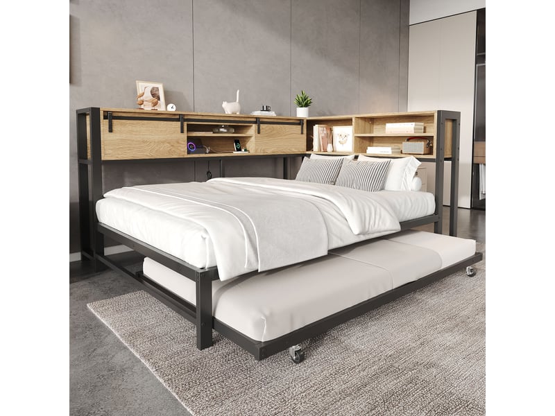  Lit 120x200 cm avec lit gigogne 90x190 cm, tête de lit avec rangement réversible, portes coulissantes, port de charge, métal et mdf, noir et naturel OMNIGLINT TRADING LTD - Conforama D