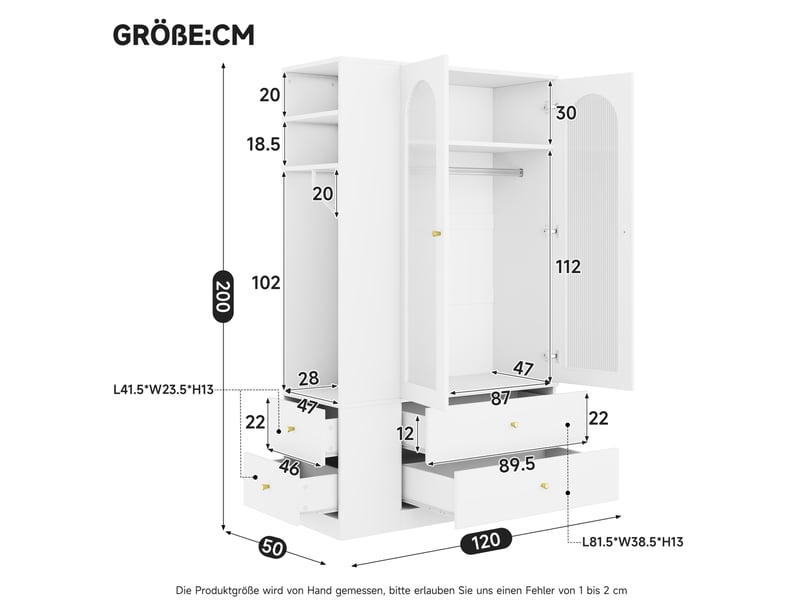 Armoire de rangement 120 x 50 x 200 cm – blanche – 4 tiroirs, portes en verre strié et étagères ouvertes - Conforama C