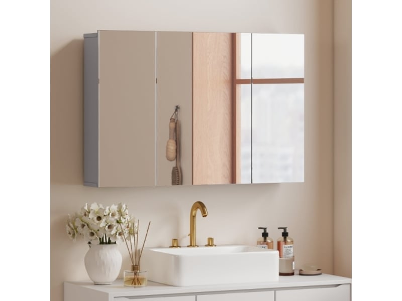Armoire miroir de salle de bain grise à 3 portes avec étagères réglables, murale - Conforama B
