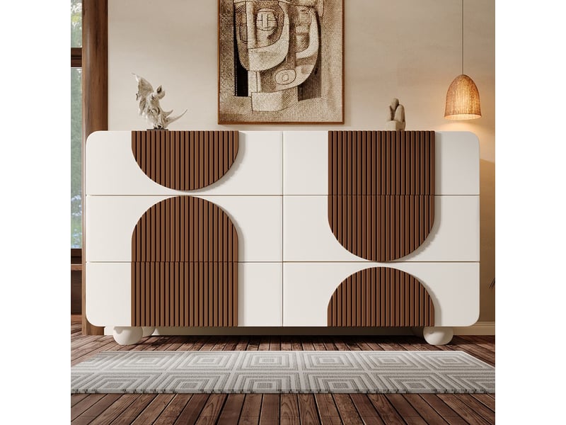  Commode à 6 tiroirs au design galbé, 121 x 71 x 41 cm, blanc, avec moulures en bois couleur chocolat, tiroirs coulissants silencieux  - Conforama D