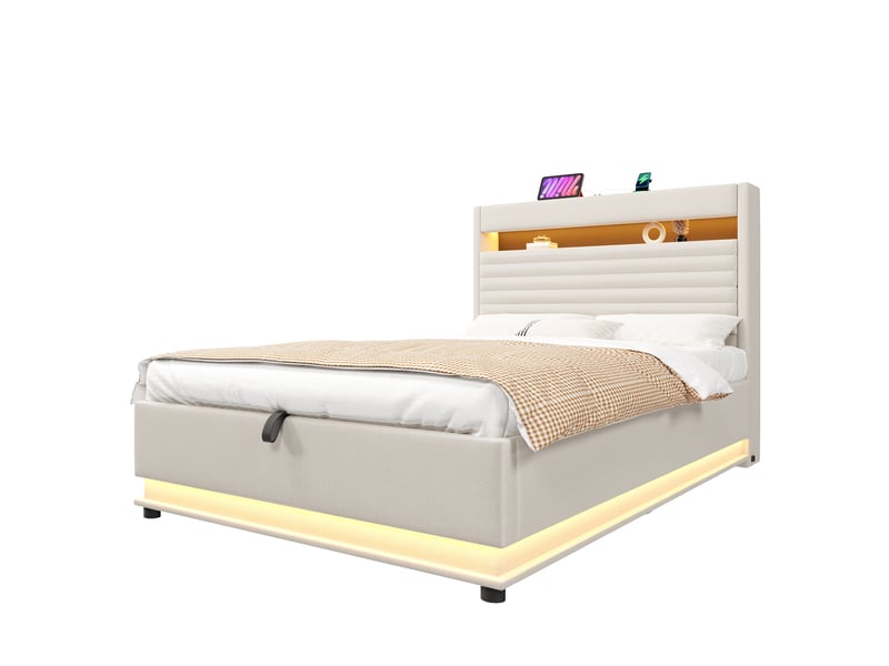  Modenvie lit coffre 90x200 cm - rangement hydraulique, led et ports usb usb-c - sans matelas - beige  - Conforama A