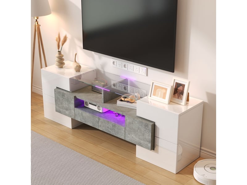  Meuble tv 140cm, blanc brillant élégant avec éclairage led meuble tv contemporain  - Conforama B