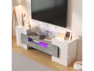 Meuble tv 140cm, blanc brillant élégant avec éclairage led meuble tv contemporain