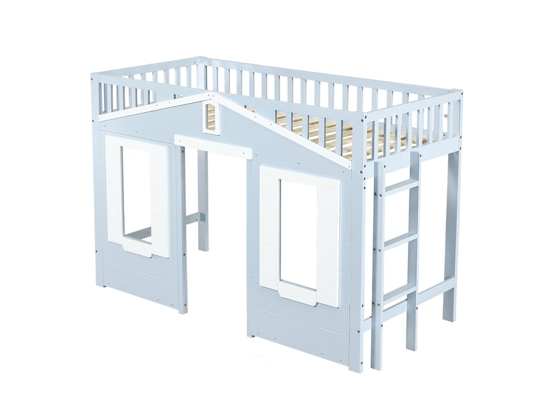  Lit mezzanine, lit enfant, espace sous le lit modulable, habillage de fenêtre élégant, échelle sécurisée et stable, pin + mdf + contreplaqué, bleu, 90 x 200 cm  - Conforama E