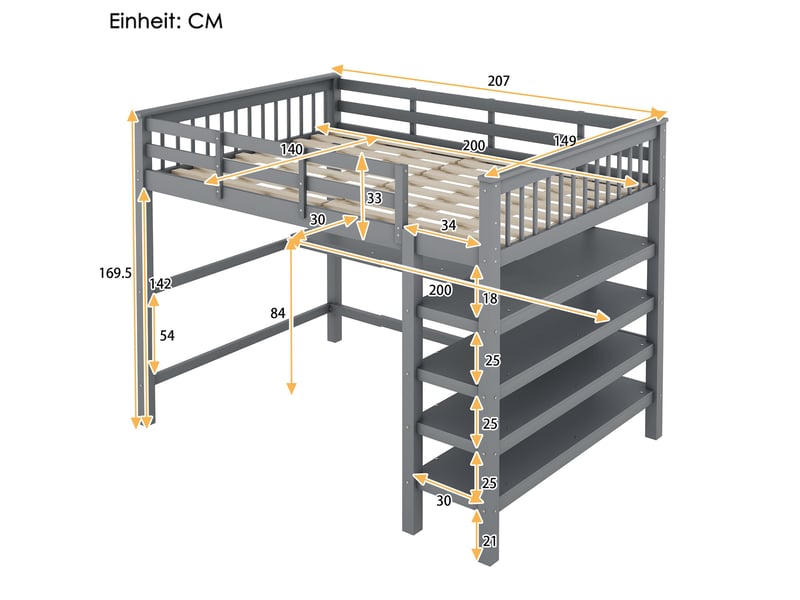  Lit mezzanine gris 140x200cm avec rangement, échelle, bureau, structure robuste, confort durable - bois massif - pour enfant ado  - Conforama E
