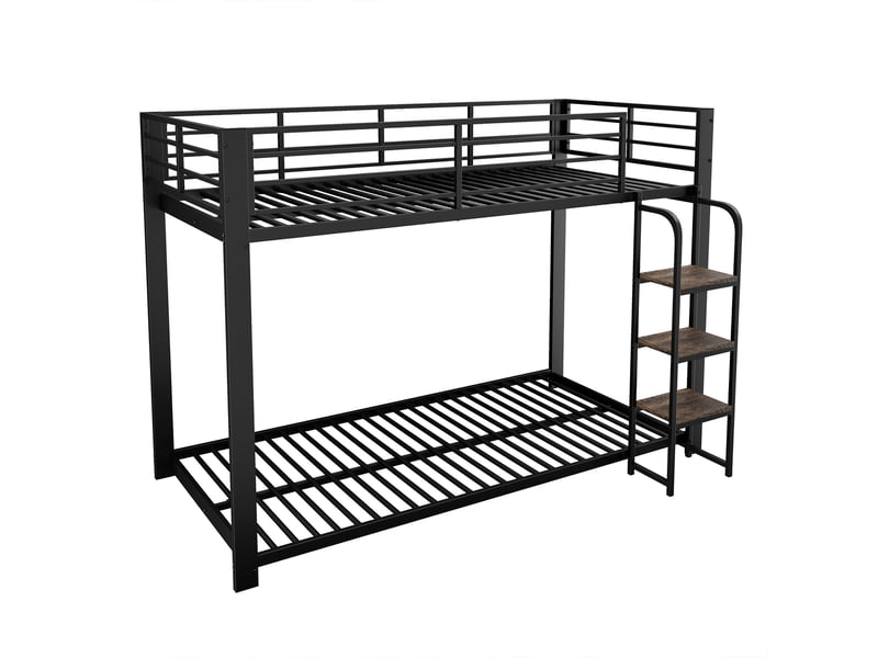  Lit superposé enfant 90x200 cm en métal, avec escalier-étagère en bois, garde-corps et structure renforcée, noir  - Conforama A