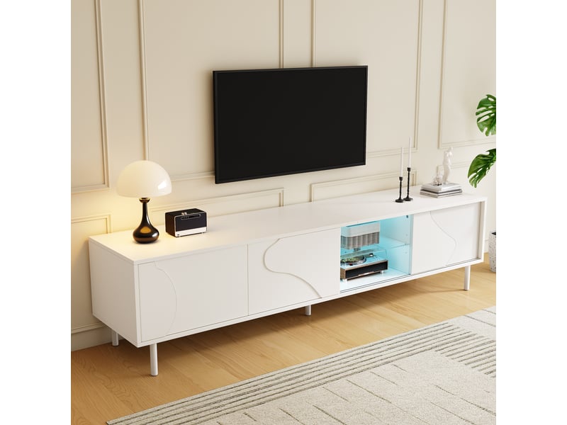 Meuble tv led 180x40x45 cm - meuble bas avec 3 portes coulissantes, étagère en verre, led contrôlée par application, pieds fins en acier, mdf - blanc - Conforama E