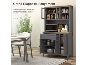 Armoire de cuisine buffet cuisine 5 portes dont 2 vitrées portes et 1 tiroir, 1 niche centrale - hauteur 180 cm gris