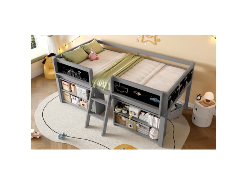  Lit mi-hauteur, 90 x 200 cm, multiples étagères de rangement, barrière de sécurité, échelle, bois de pin, sans matelas, style minimaliste, gris  - Conforama B