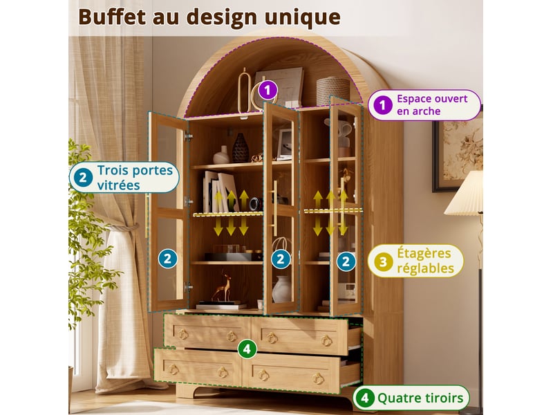 Buffet haut rangement 110x40x185 cm, 3 portes vitrées 4 tiroirs, niche arche, panneaux de particules et mdf naturel  - Conforama D