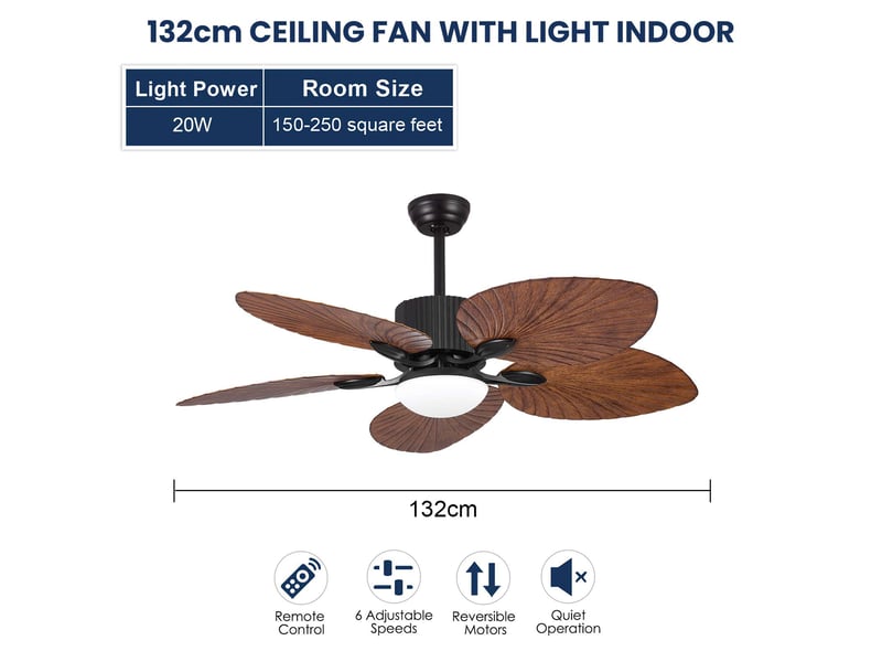  Ventilateur de plafond 132 cm avec led 20w, 5 pales effet feuille bois, télécommande, 6 vitesses, moteur réversible silencieux  - Conforama C