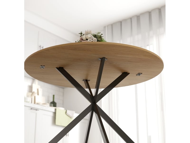  Table à manger ronde ø120 cm 4 personnes, plateau chêne et pieds en acier noir  - Conforama D