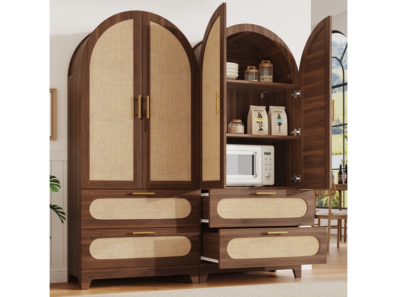  Lot de 2 armoires hautes en rotin 160 x 40 x 175 cm, 4 portes et 4 tiroirs, décor noyer chaleureux, bois foncé  - Conforama B