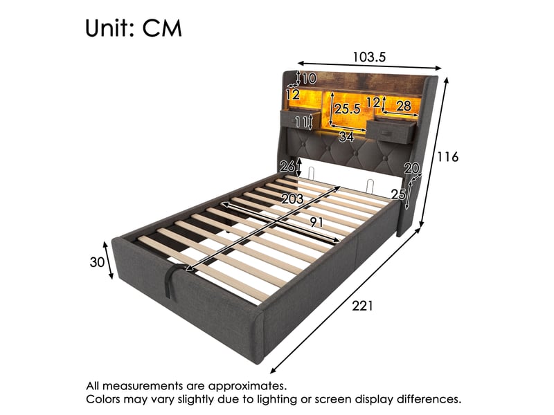  Lit rembourré, lit enfant 90x200 cm, rangement hydraulique, led, usbusb-c, sommier à lattes, matelas inclus, lin gris  - Conforama C