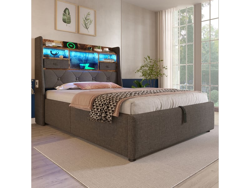  Lit coffre 90x200 cm avec led app et 4 ports usbc - lit rembourré - lin gris, tête de lit rangement, poches  - Conforama B