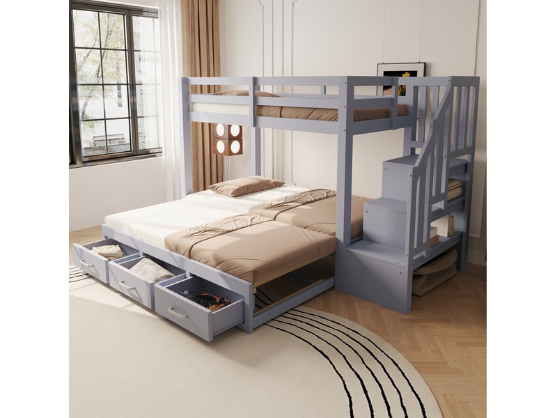  Lit superposé ulevr 90 x 200 cm avec lit inférieur extensible 180 x 190 cm, 3 tiroirs de rangement, échelle avec rangements, bois gris  - Conforama B