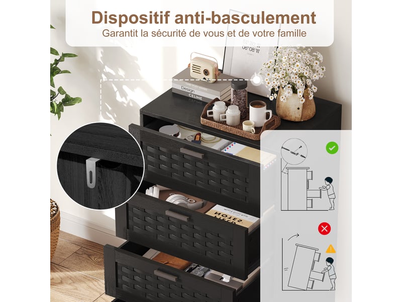  Commode en rotin à 4 tiroirs, meuble de rangement avec système anti-basculement, poignées et pieds, commode en bois pour chambre, bureau, 55x40x95 cm  - Conforama W