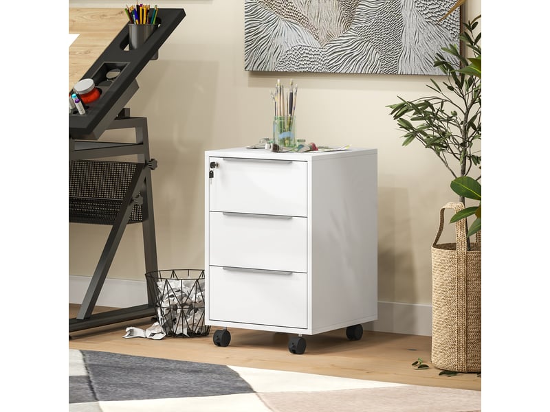  Commode à 3 tiroirs, roulettes, serrure et 2 clés, idéale pour un bureau ou un salon, 40 x 40 x 63,5 cm, blanche.  - Conforama C