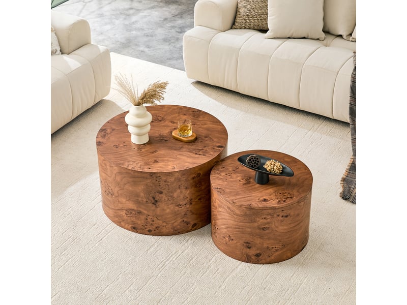  Lot de 2 tables basses rondes avec rangement, mdf effet bois, couvercle amovible, style scandinave, marron, ø 62,8 cm  - Conforama E