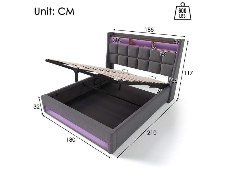  Modenvie lit coffre 180x200 cm - avec led, ports usb et rangement intégré, sans matelas - gris  - Conforama C