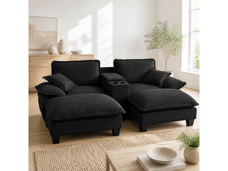  Canapé modulable 4 places noir en chenille avec 2 ottomans, rangement, porte-gobelets et ports usb  - Conforama D