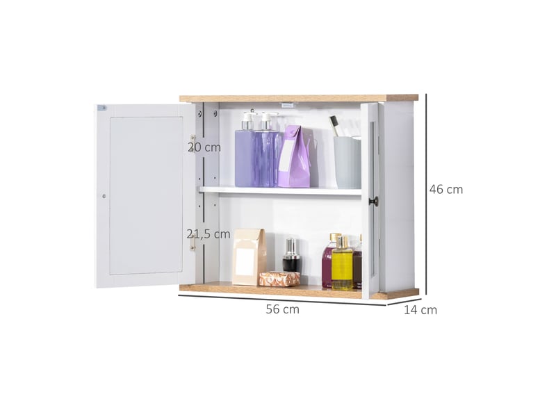  Armoire murale avec miroir pour salle de bain 2 niveaux avec 1 étagère réglable et 2 portes dim. 56i x 14p x 46h cm en bois-  - Conforama C