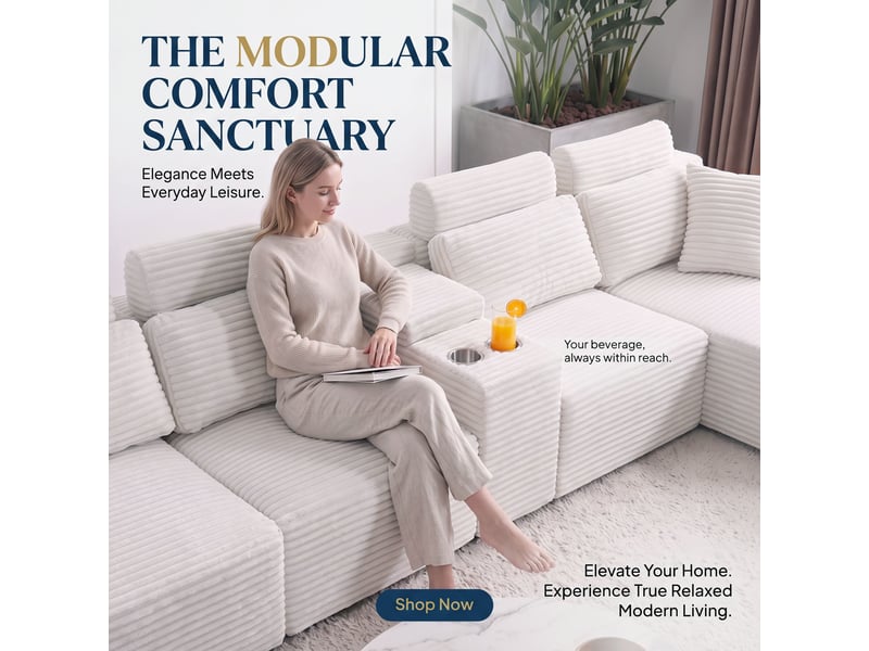  Canapé modulable en u 372 cm, canapé panoramique en velours côtelé, assise profonde, 2 porte-gobelets intégrés,blanc  - Conforama E