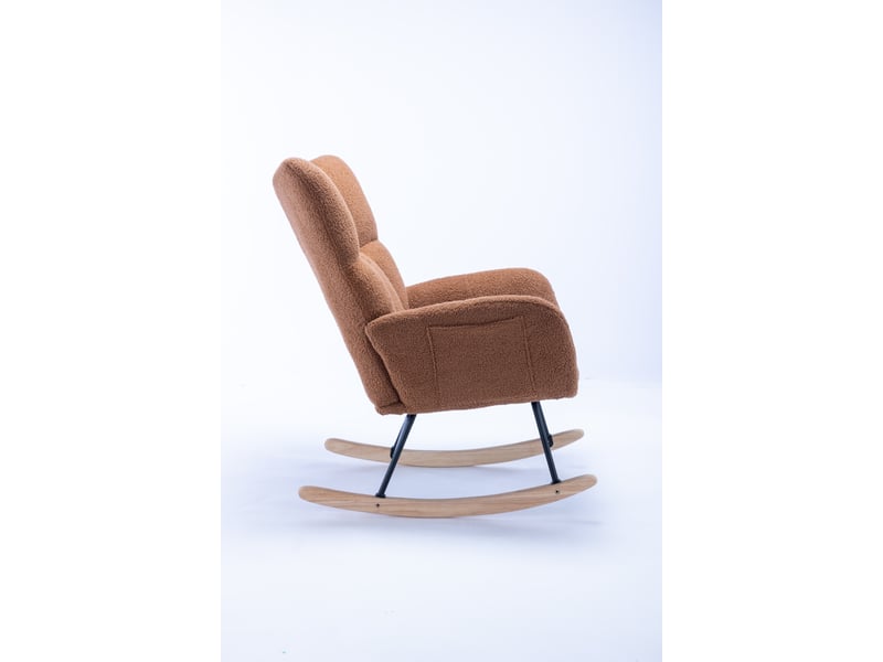  Fauteuil à bascule en tissu teddy avec poche, fauteuil berçant doux pour chambre d’enfant, dossier oreilles en bois massif, salon, marron  - Conforama A