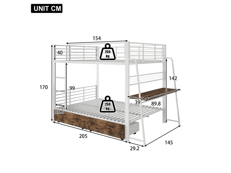  Lit superposé 140x200 cm avec bureau, 2 tiroirs et led rgb, métal et mdf, blanc et aspect noyer, vendu sans matelas  - Conforama C
