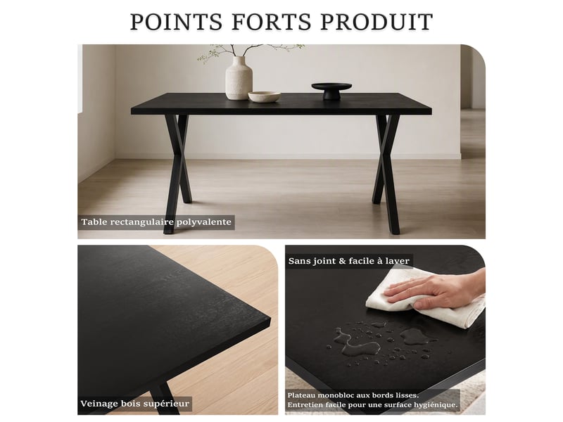  Table de salle à manger rectangulaire - table rectangulaire 160 cm et pieds en x métal - chêne noir  - Conforama E