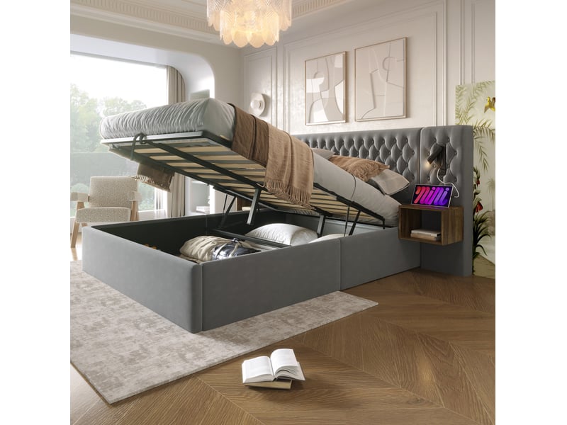  Lit coffre 160x200 cm avec 2 tables de chevet, éclairage de lecture, velours gris  - Conforama C