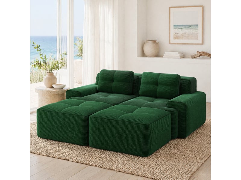 Canapé modulable ulevr 2 places en u avec ottomans, velours côtelé vert, assise profonde 74 cm, 204 x 177 x 69 cm, sans montage - Conforama E